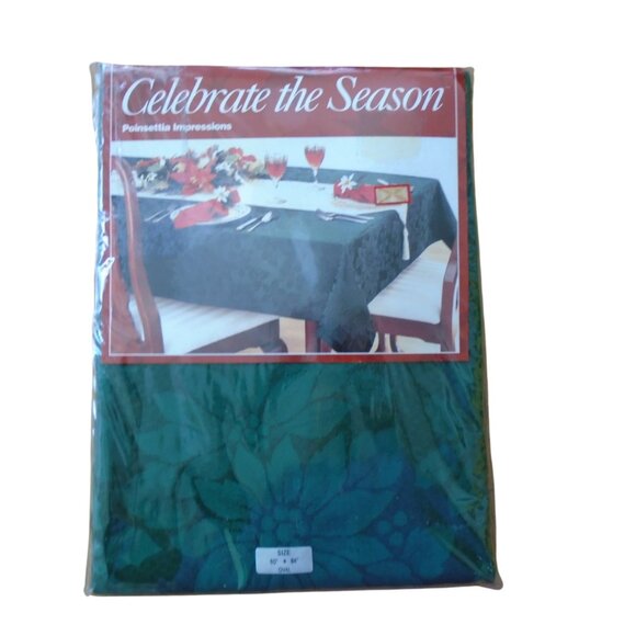 Bardwil Poinsettia Impressions Tablecloth Green 60" x 84" Oval Holiday Christmas - Picture 1 of 4